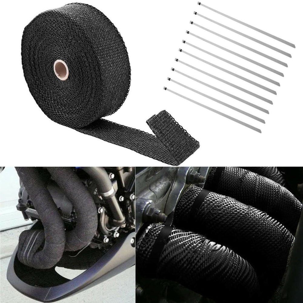 2'' 50Ft Roll Fiberglass Exhaust Header Pipe Heat Wrap Tape +10 Ties Kits Black - www.blackhorse-racing.com