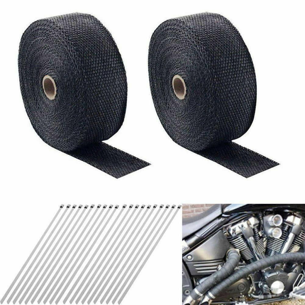 Black 2X 2'' 50Ft Roll Fiberglass Exhaust Header Pipe Heat Wrap Tape +20 Ties Kit - www.blackhorse-racing.com