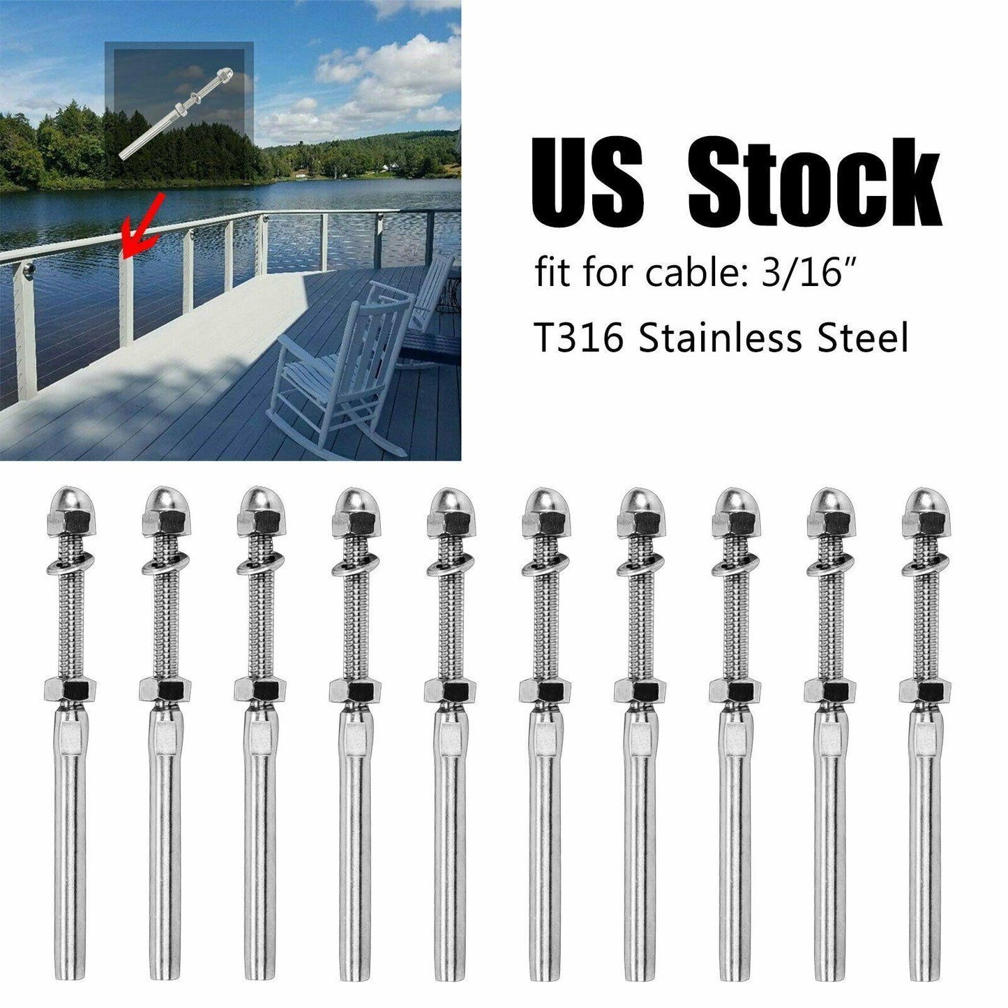 T316 Stainless Steel Swage Threaded Tensioner End Fitting 3/16" Cable Railing 10 - www.blackhorse-racing.com