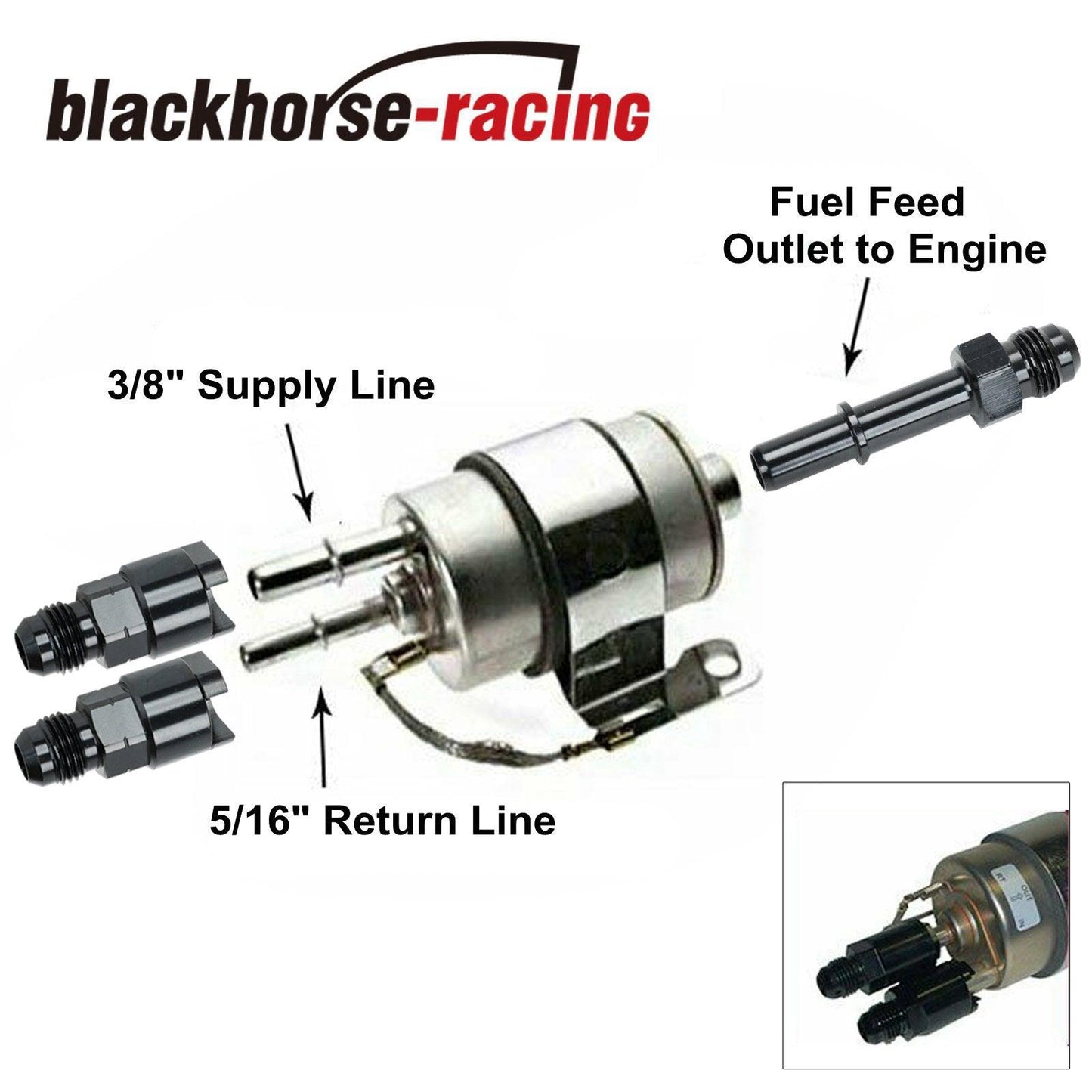 
                  
                    Black Fuel Adapter Fitting 6AN to 3/8 GM Quick Connect w/ Thread Retainer Female - www.blackhorse-racing.com
                  
                