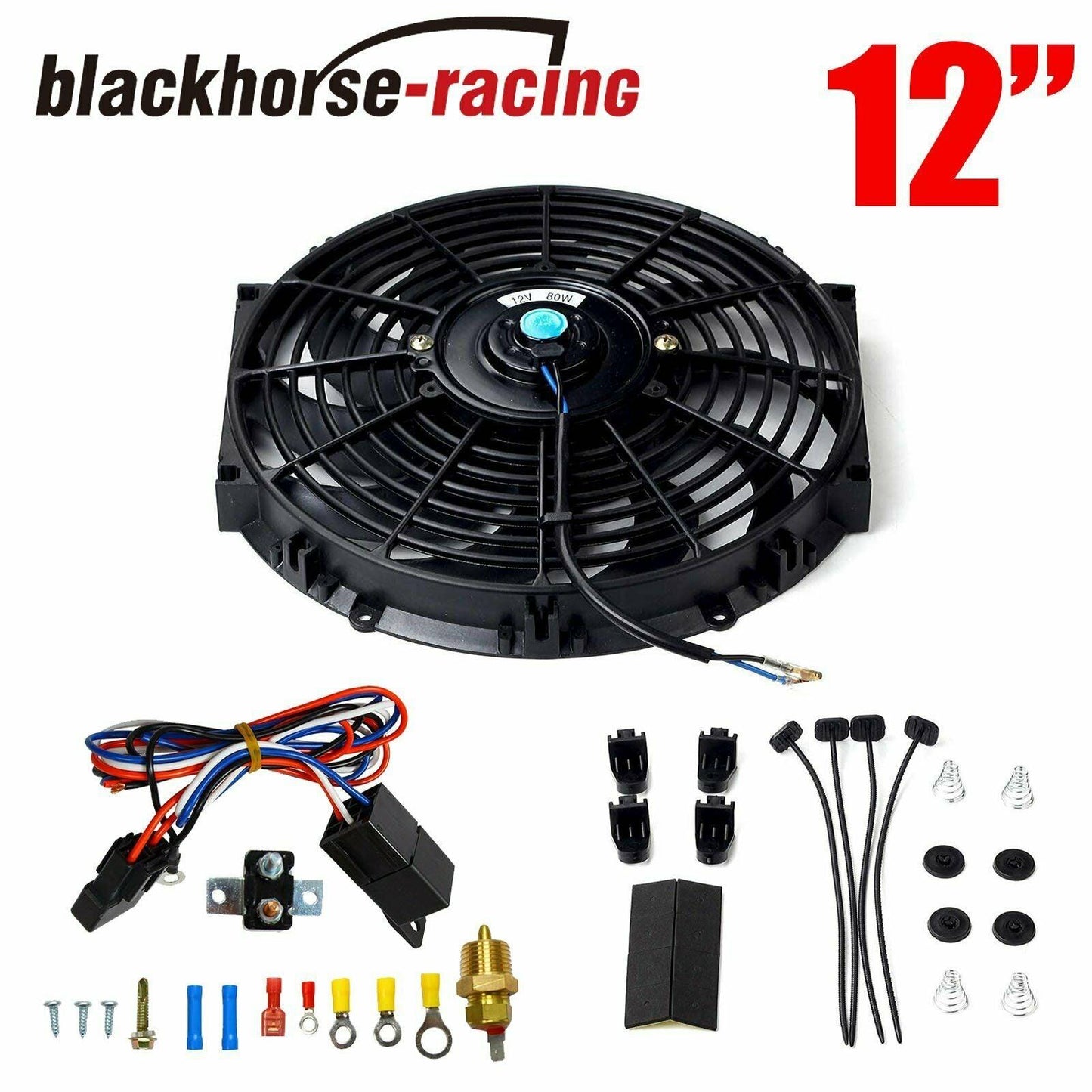 12'' Black Electric Radiator Fan High 1400+CFM Thermostat Wiring Switch Relay Kit - www.blackhorse-racing.com